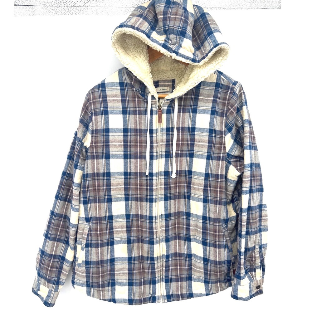 L.L.Beam Scotch Plaid Flannel Hoodie LG Sherpa Fleece Lined Jacket Indigo Tartan